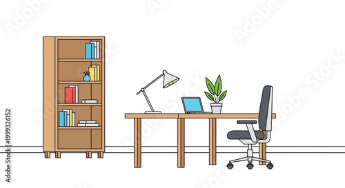 home office setup illustration with desk bookcase and chair