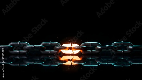 Glowing metal chain link breaking on a dark reflective surface