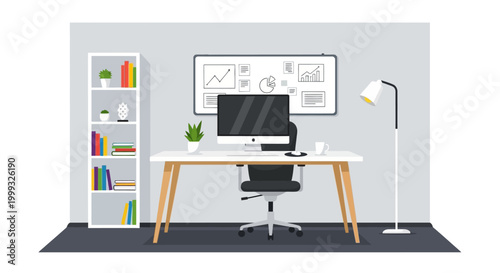 home office setup with computer desk and bookshelf illustration