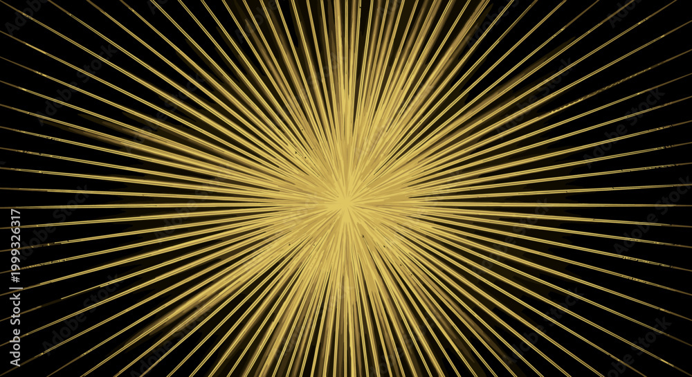 Fototapeta premium Golden light rays on black background with white space