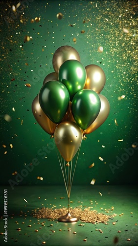 A realistic photo of Deep green and gold balloons with deep green background and confetti wallpaper for birthday card