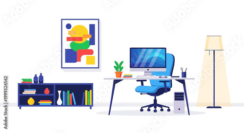 Modern home office interior with computer and abstract art