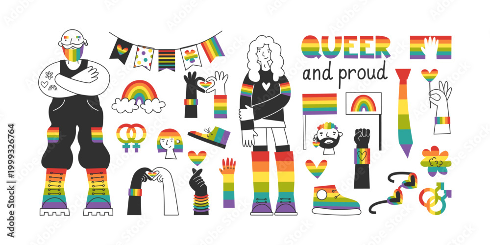 Fototapeta premium Lgbt elements set. Diverse queer characters, hands and symbols in rainbow flag colors. Hearts, flags, lettering, hand gestures, clipart for pride and awareness materials.