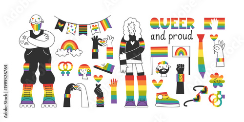 Lgbt elements set. Diverse queer characters, hands and symbols in rainbow flag colors. Hearts, flags, lettering, hand gestures, clipart for pride and awareness materials.