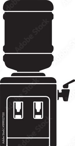 Black silhouette of a modern office water cooler dispenser with dual taps, flat design vector illustration