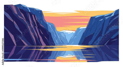 Mountain cliffs rise from calm water at sunset