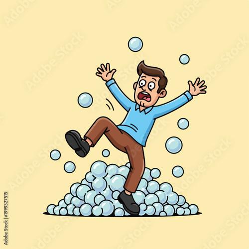 Man slipping and falling on pile of soap bubbles