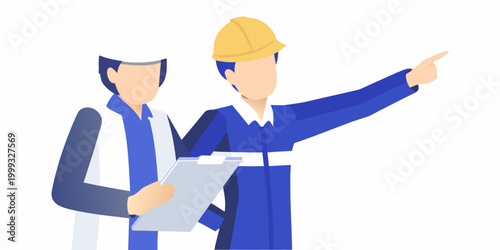 Construction workers in uniform one pointing flat vector illustration