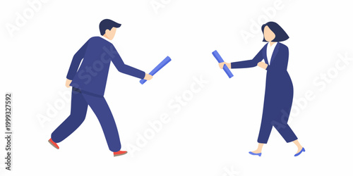 Two business people exchanging batons flat vector illustration