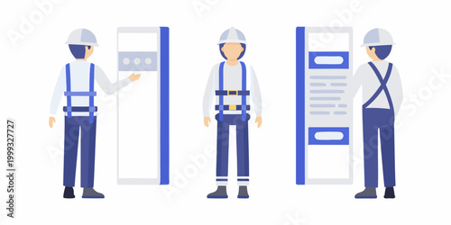 Construction workers using metal detector security checkpoint flat vector illustration