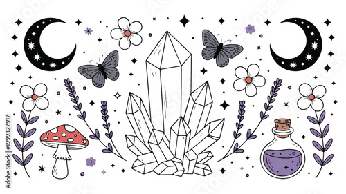 Crystal cluster with crescent moons flowers butterflies and mushrooms on white