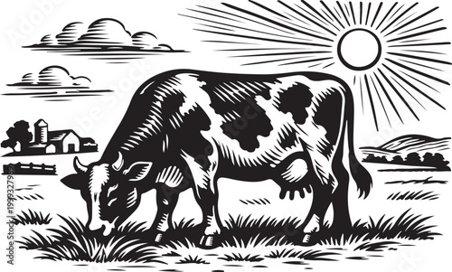Black and white cow grazing in a sunny farm landscape Vector