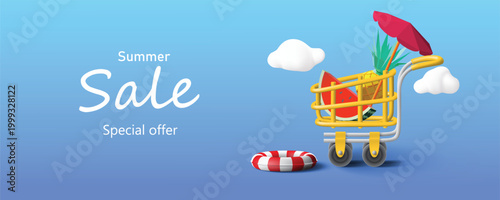 Summer sale banner with 3d shopping cart vector illustration