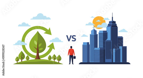 Man compares eco-friendly nature with urban cityscape