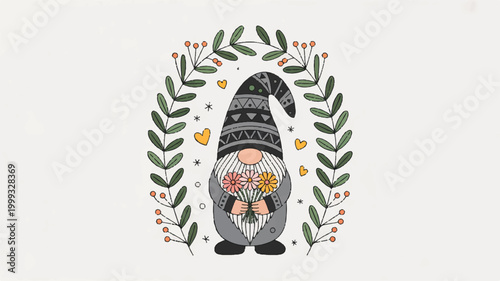 cute cartoon gnome holding flowers in hand surrounded by leaves and hearts on beige background