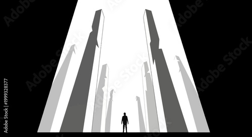 A lone figure stands before futuristic skyscrapers in cityscape illustration