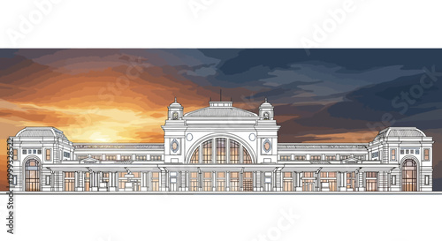 Historic train station facade at sunset with architectural details and vibrant sky