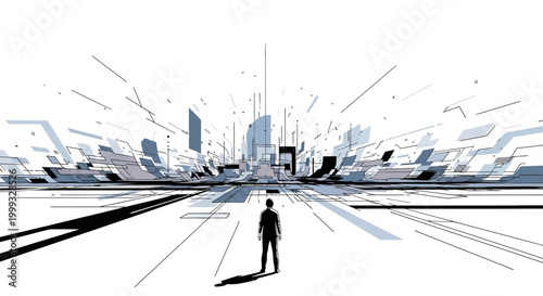 A futuristic cityscape illustration with a man standing looking out at abstract skyscrapers and technology lines.