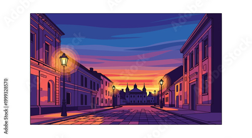 Vibrant city street at sunset with buildings and street lamps