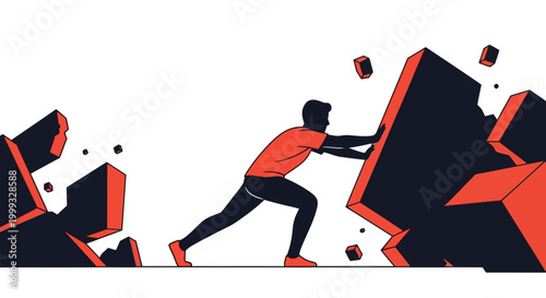 Man pushing large rocks uphill in a struggle for progress and achievement.
