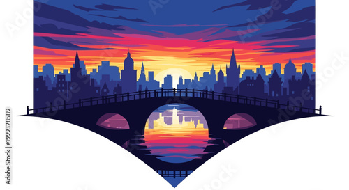 City skyline with bridge at sunset reflected in water