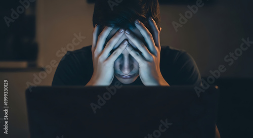 Overwhelmed by Digital Pressure Young Person Experiencing Intense Stress and Burnout, Hiding Face While Working on a Laptop Late at Night