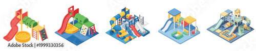 Isometric vector illustration of a small indoor playground with slides and tunnels, simple and clean, no outline, white background