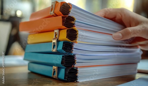 stack of colorful document folders and thick reports on a wooden desk with a hand reaching to pick them up conveying organized busy productivity