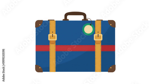 Classic blue suitcase with red stripe and luggage tag attached  