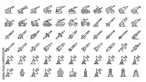 military vehicles and weapons icons set including tanks and missiles on white background