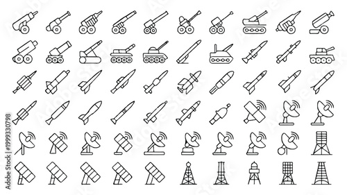 Military weapons and defense systems icons set including tanks and missiles  various military vehicles and equipment