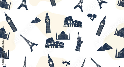 Travel landmarks icons decorate a white background with famous global monuments.