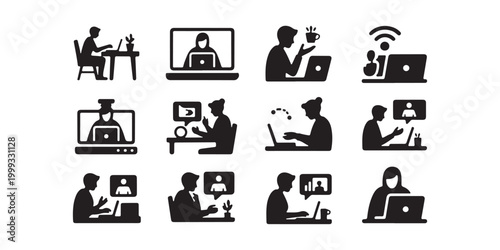 Remote work, business communication icons, black vector set, 12 elements, office workflow symbols