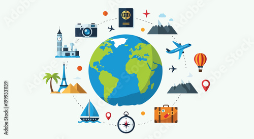 A colorful illustration of a globe surrounded by travel-related icons