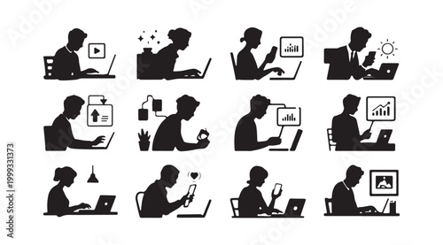 Black silhouette office workers, people working on laptops, computer users, business professionals, modern workspace