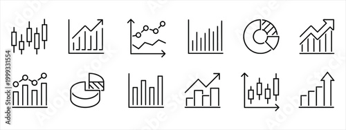 Minimalist business data chart icons, set of 12 thin line financial graph vectors, professional analytics and stock market growth diagrams for corporate reports