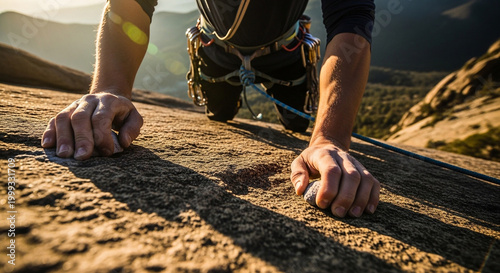 Close up of rock climber hands gripping rough stone edge during outdoor mountain ascent at sunrise