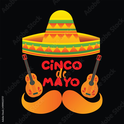 Cinco de mayo mexican fiesta sombrero hat guitar celebration festive party vector illustration for holiday event design.