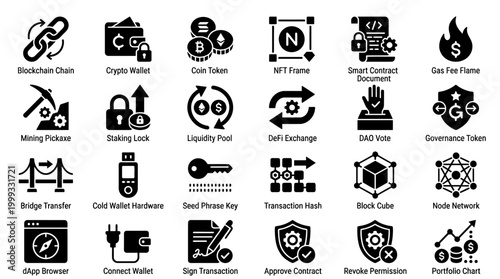 Set of Crypto and Blockchain Icons for Digital Finance, Decentralized Systems, and Online Security