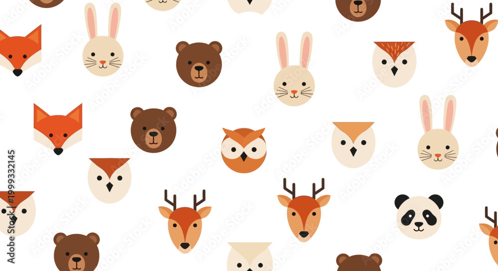 Fototapeta premium Various animals heads faces scattered on plain surface including fox rabbit bear