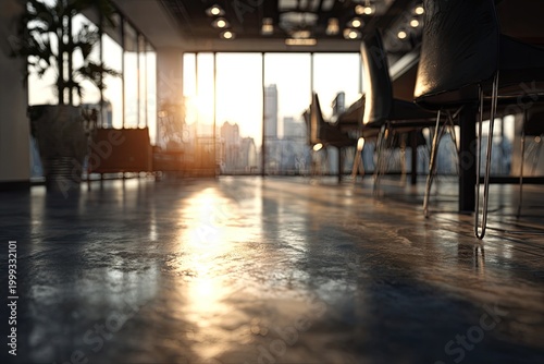 Sunlight streams into a modern office with a city view