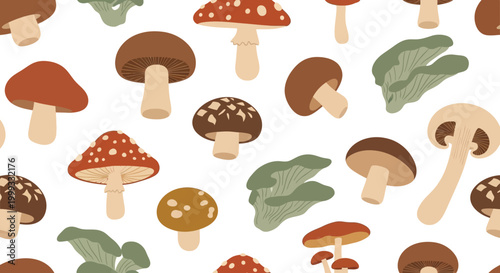 A vibrant pattern of assorted mushrooms and leaves scattered on a surface