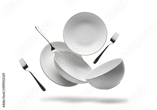 Floating ceramic plates and bowls with stainless steel forks isolated on white background