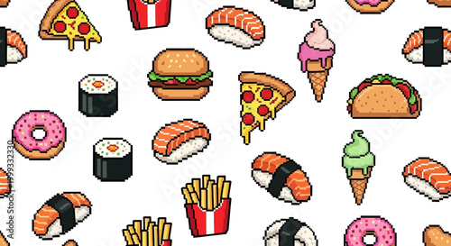 A variety of fast food items are scattered on a surface including sushi and pizza
