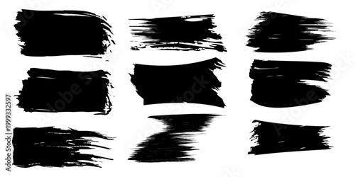 Black brush stroke lines in vector format, featuring hand-drawn stripes, smears, and rough grunge paint textures with calligraphy influence.