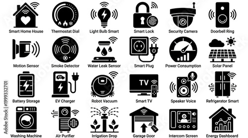 Smart Home Devices Illustration with Various Icons and Gadgets