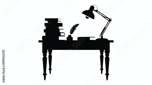 Silhouette of a desk with books lamp and quill pen on white background