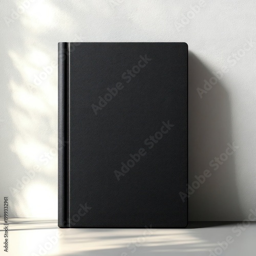 black hardcover notebook standing upright on a minimalist desk against a textured white wall bathed in soft sunlight casting a long shadow, calm and contemplative