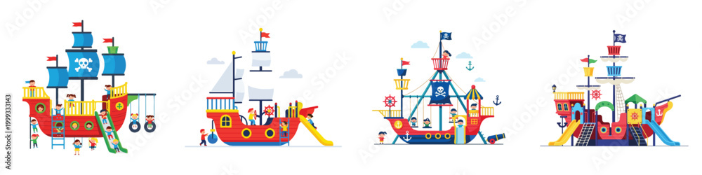 Obraz premium A flat vector illustration of a pirate ship playground ride, fun and colorful, minimal vector style, no outline