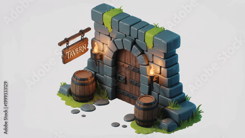 stone wall with wooden door and barrels outside tavern  medieval style architecture